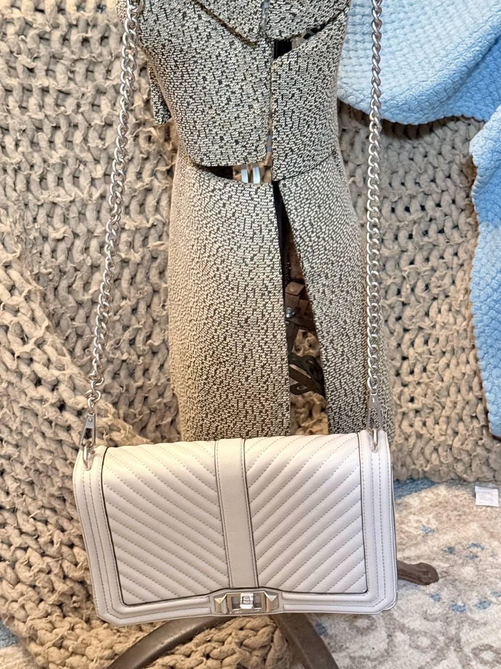 Rebecca Minkoff Quilted Leather Chain Shoulder Bag in Light Gray